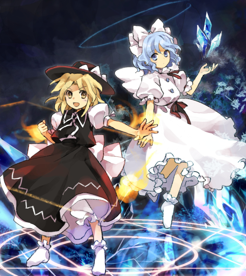 2girls black_headwear black_skirt black_vest blonde_hair bloomers blue_eyes blue_hair closed_mouth commentary_request cryokinesis dress frilled_dress frilled_sleeves frills hair_ribbon hat highres kaigen_1025 light_blue_hair mai_(touhou) medium_hair multiple_girls neck_ribbon no_shoes open_mouth puffy_short_sleeves puffy_sleeves ribbon shirt short_sleeves skirt smile socks touhou touhou_(pc-98) v-shaped_eyebrows vest white_bloomers white_dress white_ribbon white_shirt white_socks white_wings wings yellow_eyes yuki_(touhou)