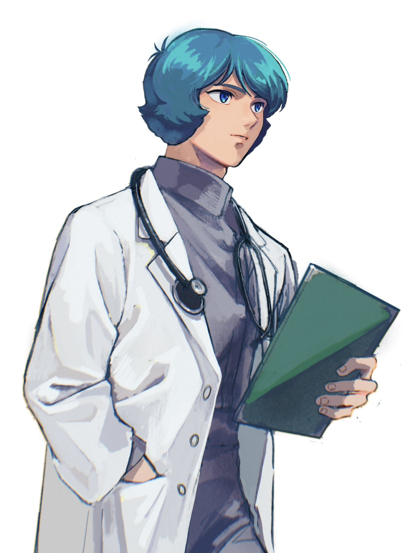 1boy blue_eyes blue_hair coat cowboy_shot doctor gundam gundam_uc_0099:_moon_crisis hand_in_pocket high_collar highres holding kamille_bidan kogetoriten_999 lab_coat lapels long_sleeves looking_ahead male_focus notched_lapels open_clothes open_coat parted_lips purple_shirt shirt short_hair simple_background solo stethoscope white_background white_coat