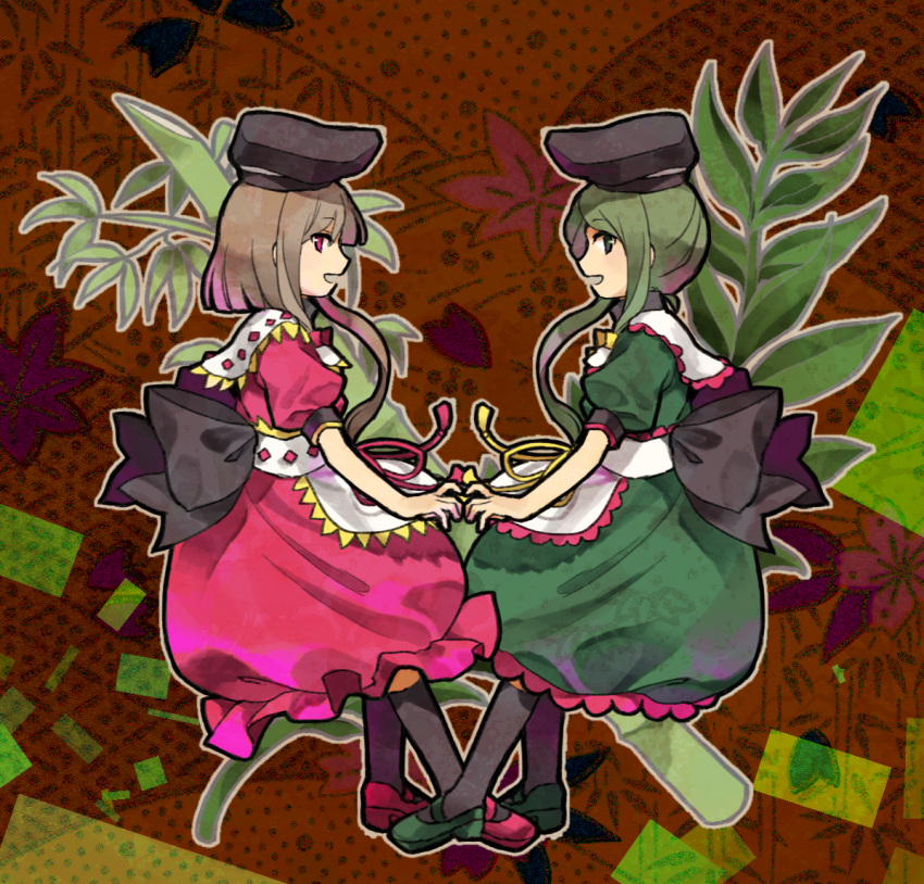 2girls apron black_hair black_headwear black_pantyhose brown_hair commentary_request dress dress_ribbon frilled_dress frills green_dress green_eyes green_footwear green_hair hat kaigen_1025 mary_janes multiple_girls nishida_satono open_mouth pantyhose pink_dress pink_eyes pink_footwear pink_ribbon puffy_short_sleeves puffy_sleeves ribbon shoes short_hair_with_long_locks short_sleeves smile teireida_mai touhou waist_apron white_apron yellow_ribbon