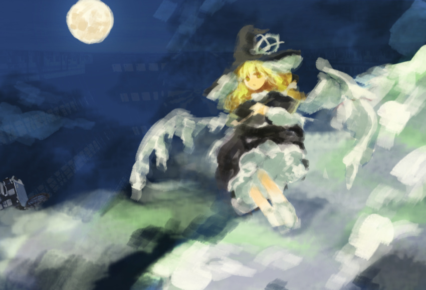 1girl black_capelet black_headwear black_skirt blonde_hair capelet commentary_request frilled_skirt frills full_body hat highres kaigen_1025 kirisame_marisa kirisame_marisa_(seihou) long_hair night outdoors seihou shirt sketch skirt socks solo white_shirt white_socks white_wings wings witch_hat yellow_eyes