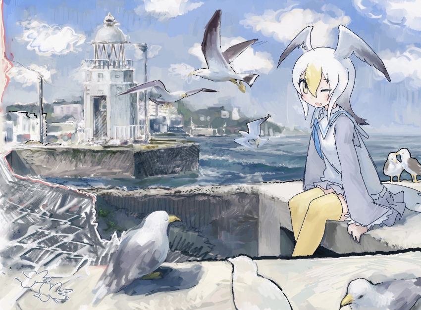 1girl bad_id bad_twitter_id bird blonde_hair common_gull_(kemono_friends) hair_between_eyes head_wings highres kemono_friends long_sleeves looking_at_viewer multicolored_hair one_eye_closed open_mouth outdoors sitting solo thighhighs toxicnyannyan white_hair wings yellow_eyes yellow_thighhighs