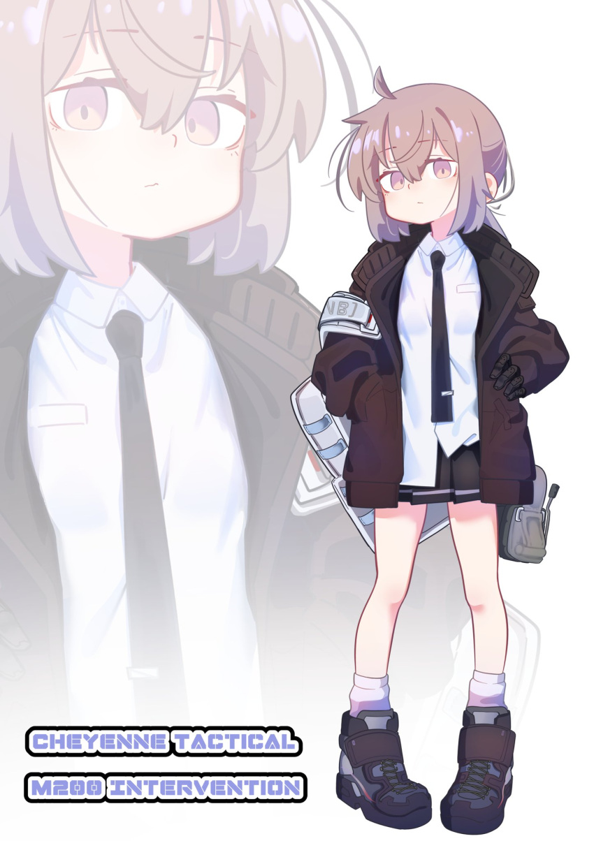 1girl ahoge backpack bag black_necktie black_skirt breasts brown_jacket character_name closed_mouth collared_shirt ear_protection full_body girls'_frontline grey_hair hand_in_pocket hand_on_own_hip hexaa highres jacket long_hair long_sleeves looking_at_viewer m200_(girls'_frontline) necktie open_clothes open_jacket pleated_skirt ponytail purple_eyes shirt shoes skirt small_breasts socks solo white_bag white_shirt white_socks