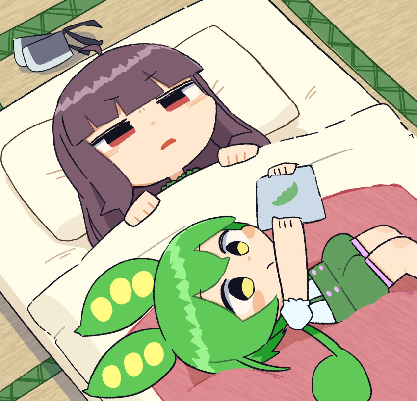 2girls :/ blunt_bangs blush_stickers brown_hair chibi commentary_request from_above frown futon hair_down half-closed_eyes highres holding holding_tablet_pc konohoshi long_hair looking_at_screen lying lying_on_person multiple_girls on_back on_floor outstretched_arms puffy_shorts purple_shorts red_eyes shirt short_sleeves shorts suspender_shorts suspenders tablet_pc tatami touhoku_kiritan under_covers unworn_headgear v-shaped_eyebrows voiceroid voicevox white_shirt yellow_eyes zundamon