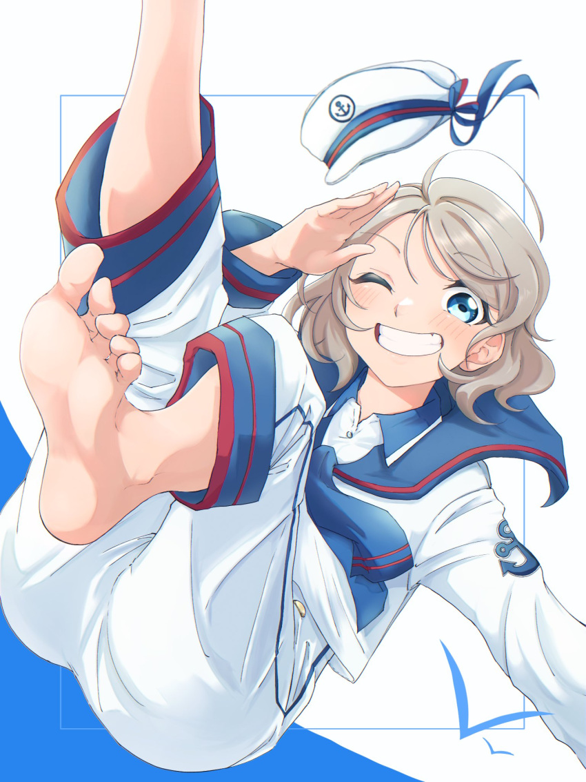 1girl akira_hjk barefoot blue_eyes blush brown_hair commentary_request feet hat highres looking_at_viewer love_live! love_live!_sunshine!! sailor sailor_collar salute shirt short_hair simple_background solo watanabe_you wavy_hair