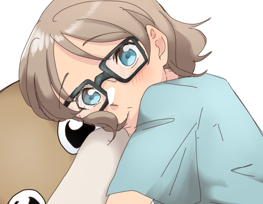 1girl akira_hjk blue_eyes blue_shirt blush brown_hair glasses hashtag_only_commentary hug looking_at_viewer love_live! love_live!_sunshine!! shirt short_hair simple_background solo uchicchii watanabe_you wavy_hair