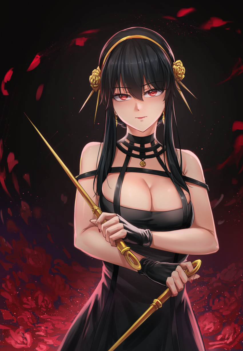 1girl absurdres bare_arms bare_shoulders black_dress black_gloves black_hair breasts cleavage commentary_request dagger dress dual_wielding earrings fingerless_gloves gloves hairband highres holding holding_dagger holding_knife holding_weapon jewelry knife long_hair looking_at_viewer phusit red_eyes sleeveless sleeveless_dress solo spy_x_family upper_body weapon yor_briar
