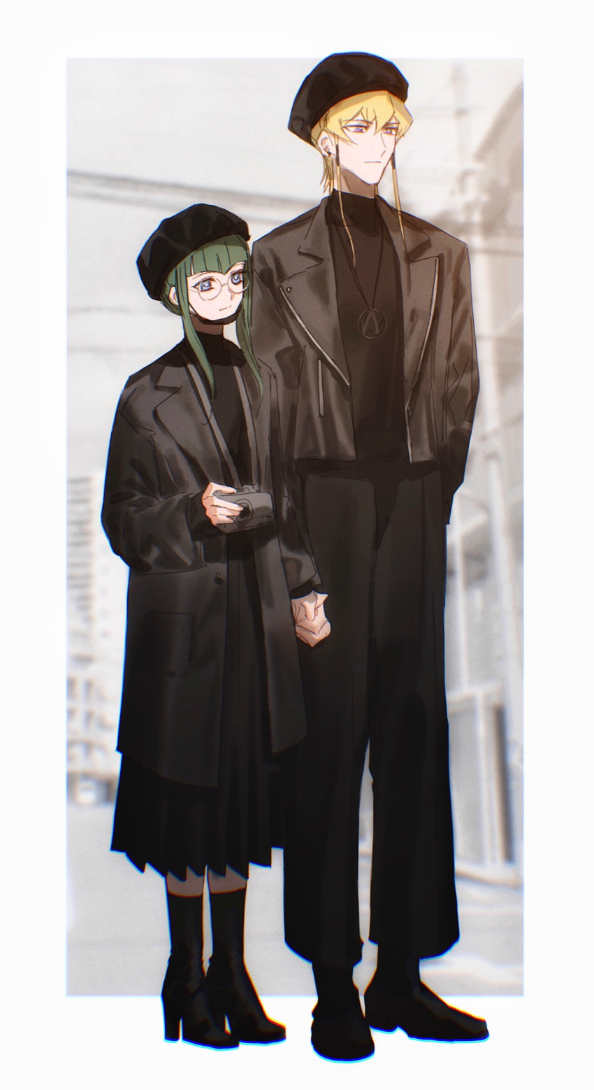 1boy 1girl alternate_costume alternate_hairstyle beret black_coat black_dress black_footwear black_headwear black_jacket black_pants black_shirt black_socks blonde_hair blue_eyes blurry blurry_background bright_pupils camera carly_nagisa city coat couple dress earrings expressionless glasses hand_in_pocket hand_up hat hetero high_heels highres holding holding_camera holding_hands jack_atlas jacket jewelry leather leather_jacket long_dress naoki_(2rzmcaizerails6) open_clothes open_coat open_jacket outdoors pants photo_background purple_eyes round_eyewear shirt short_hair_with_long_locks smile socks standing stud_earrings turtleneck_shirt yu-gi-oh! yu-gi-oh!_5d's