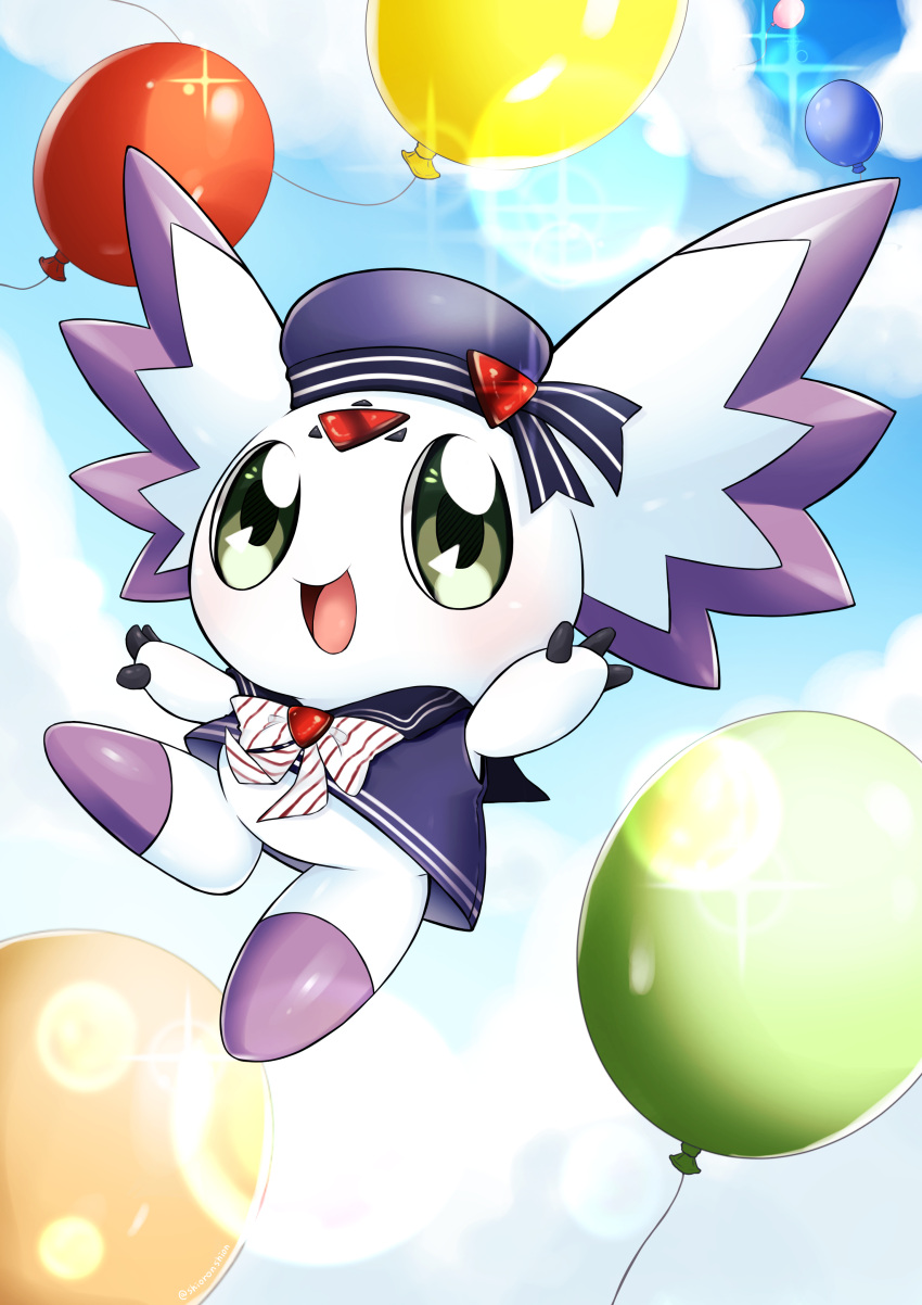 absurdres angel balloon blue_headwear claws culumon digimon digimon_(creature) digimon_tamers furry highres open_mouth ribbon shingetsu_(doru0222) sky