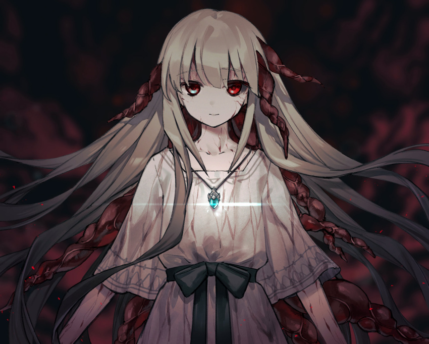 1girl anui black_ribbon commentary_request corruption dress ender_lilies_quietus_of_the_knights expressionless floating_hair grey_dress grey_hair highres jewelry lily_(ender_lilies) long_hair looking_at_viewer necklace pendant red_eyes ribbon solo tendril upper_body veins