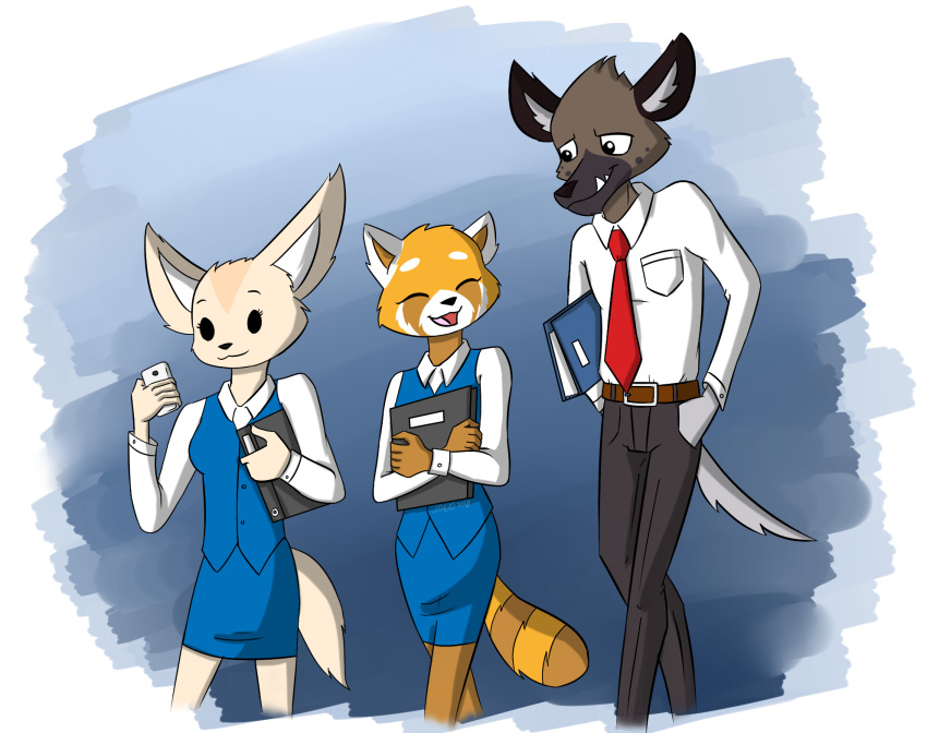 aggressive_retsuko ailurid anthro brown_body brown_fur canid canine cellphone clothed clothing fangs female fennec fenneko folder fox fully_clothed fur haida hi_res hyaenid jde10 male mammal multicolored_body multicolored_fur orange_body orange_fur phone red_panda retsuko sanrio spotted_hyena tan_body tan_fur two_tone_body two_tone_fur