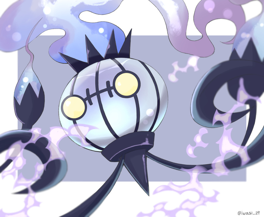 animal_focus artist_name chandelure commentary_request fire grey_background highres iwasi_29 no_humans pokemon pokemon_(creature) purple_fire twitter_username two-tone_background white_background yellow_eyes