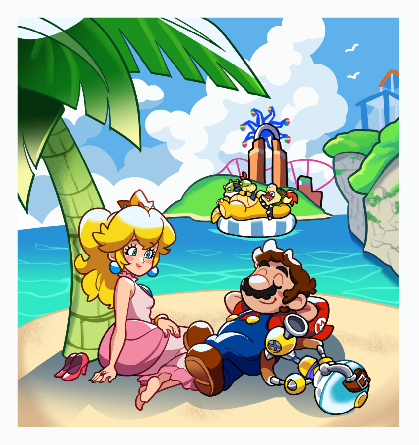 absurdres arms_behind_head barefoot beach bird blonde_hair blue_eyes blue_overalls bowser bowser_jr. brown_footwear brown_hair closed_eyes cloud cloudy_sky crown earrings f.l.u.d.d. ferris_wheel gold_bracelet highres inflatable_raft jewelry leaf lipstick loveycloud lying makeup mario mario_(series) on_back on_ground overalls palm_tree pink_lips ponytail princess_peach red_footwear red_nails red_shirt ring roller_coaster shirt shoes sitting sky sleeping smile super_mario_sunshine tree unworn_shoes