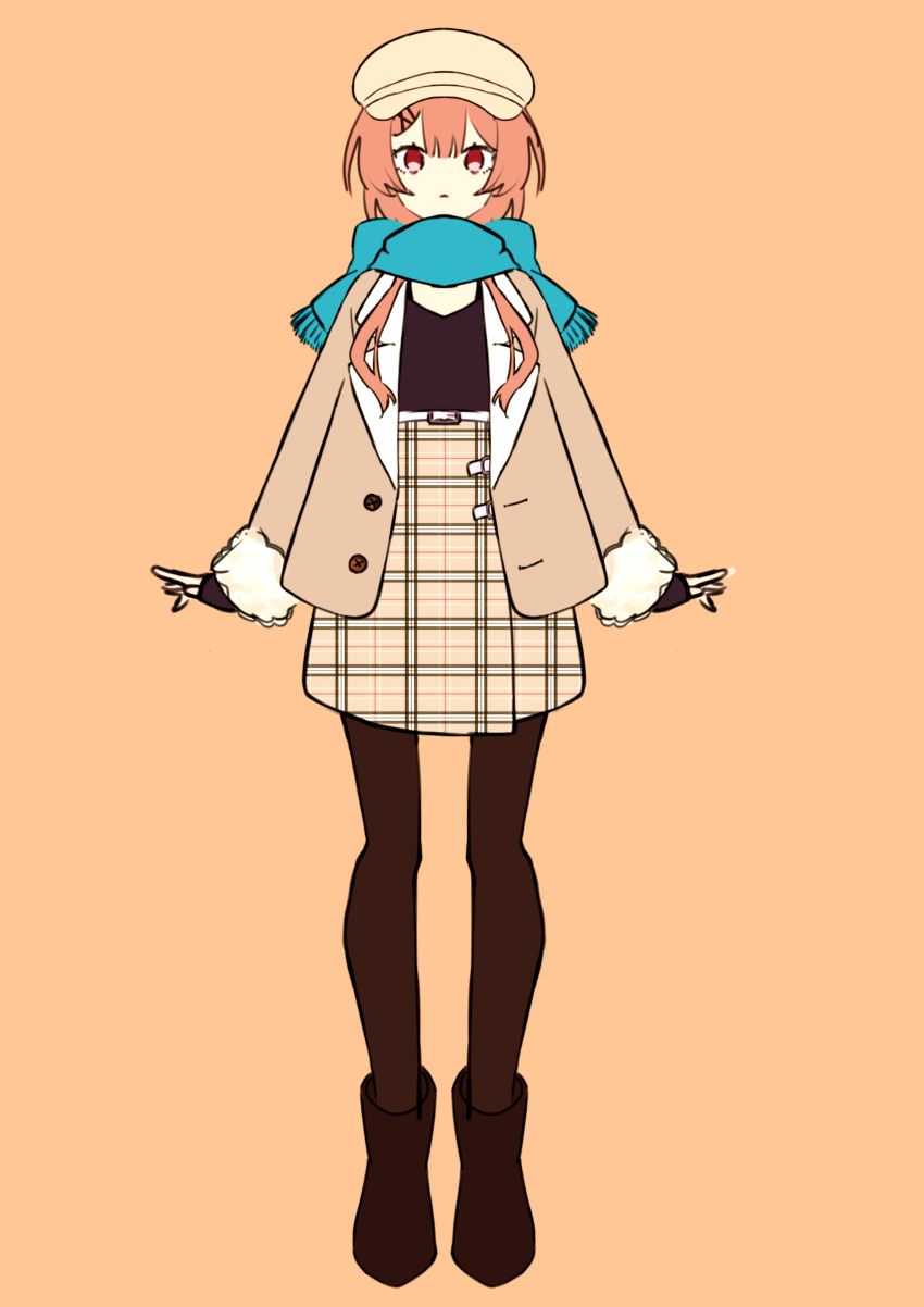 1girl absurdres beret bernie_(brown_dust) black_camisole blue_scarf breasts brown_dust_2 brown_footwear brown_hair brown_headwear brown_jacket camisole checkered_clothes checkered_skirt cleavage_cutout clothing_cutout gloves hair_ornament hat highres jacket lchukimi3 long_hair looking_at_viewer partially_fingerless_gloves pleated_skirt red_eyes scarf simple_background skirt small_breasts solo