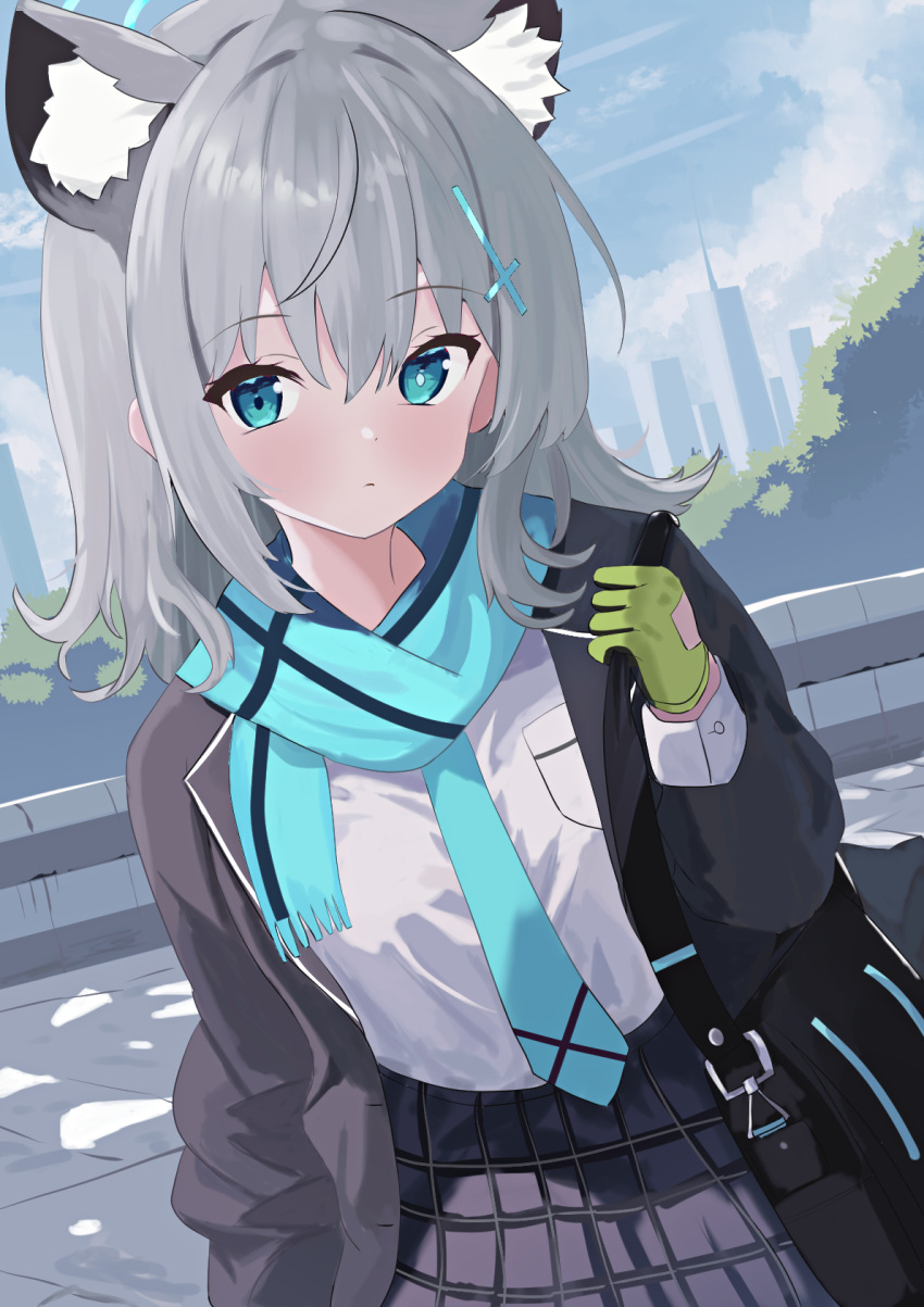 1girl animal_ear_fluff animal_ears aqua_scarf bag black_bag black_jacket blue_archive blue_eyes blue_sky blush bright_pupils closed_mouth commentary cowboy_shot cross_hair_ornament day duosix_setsu0408 expressionless eyes_visible_through_hair gloves green_gloves grey_hair hair_between_eyes hair_ornament hand_up highres holding holding_bag jacket looking_at_viewer medium_hair mismatched_pupils open_clothes open_jacket outdoors plaid plaid_skirt road scarf shiroko_(blue_archive) shirt shoulder_bag skirt sky solo standing white_pupils white_shirt wolf_ears