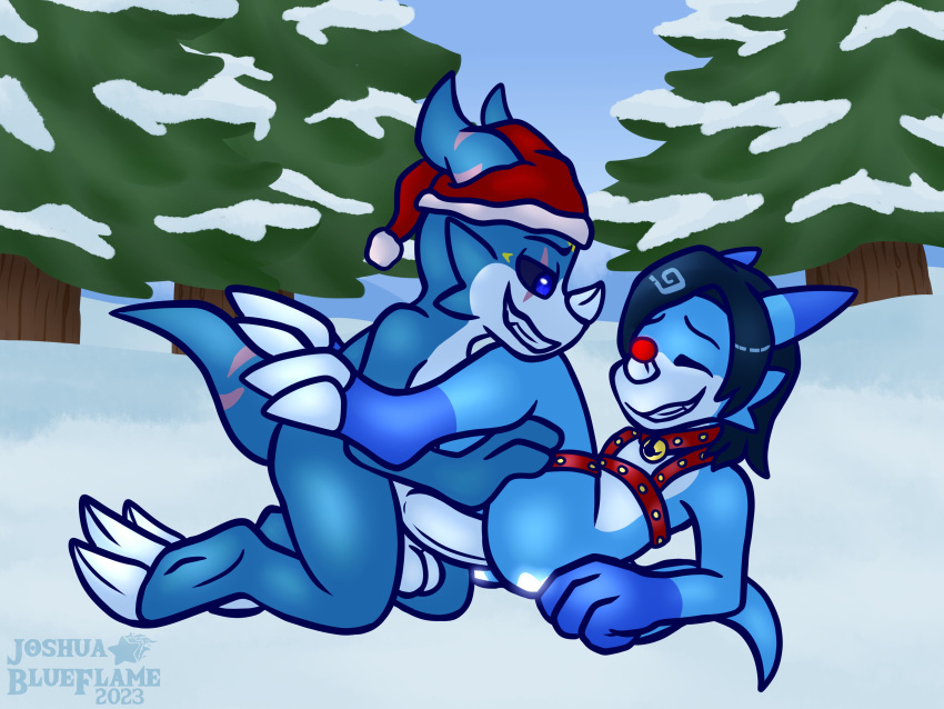 absurd_res alex_the_demon_veemon anal anal_penetration balls bandai_namco blue_body blue_eyes blue_scales blue_skin christmas christmas_clothing christmas_headwear clothing digimon digimon_(species) dragon genitals harness hat headgear headwear hi_res holidays joshua_blueflame male male/male penetration penis santa_hat scales scar veemon white_body white_scales white_skin yoshio_hiroshi