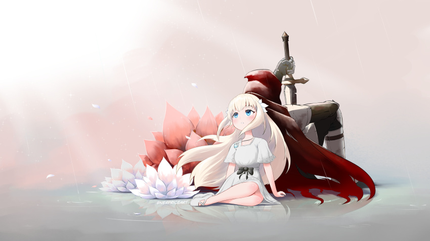 1boy 1girl absurdres back-to-back blue_eyes blush cloak commentary dress ender_lilies_quietus_of_the_knights english_commentary flower full_body highres holding holding_sword holding_weapon hood hooded_cloak jewelry light_rays lily_(ender_lilies) long_hair looking_up lotus necklace nerpnerp parted_lips pendant rain red_cloak sitting sword umbral_knight_(ender_lilies) weapon white_dress white_hair