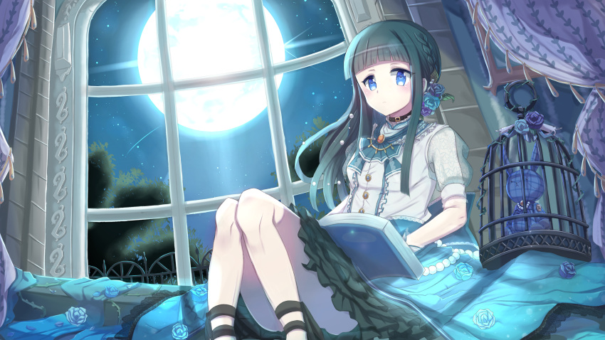 1girl absurdres birdcage black_choker blue_eyes blue_skirt blunt_bangs book braid breasts cage choker commentary_request curtains flower full_moon fuwasn1545 highres indie_virtual_youtuber long_hair moon night open_book otosaki_rita shirt sitting skirt small_breasts solo stuffed_animal stuffed_rabbit stuffed_toy white_shirt window