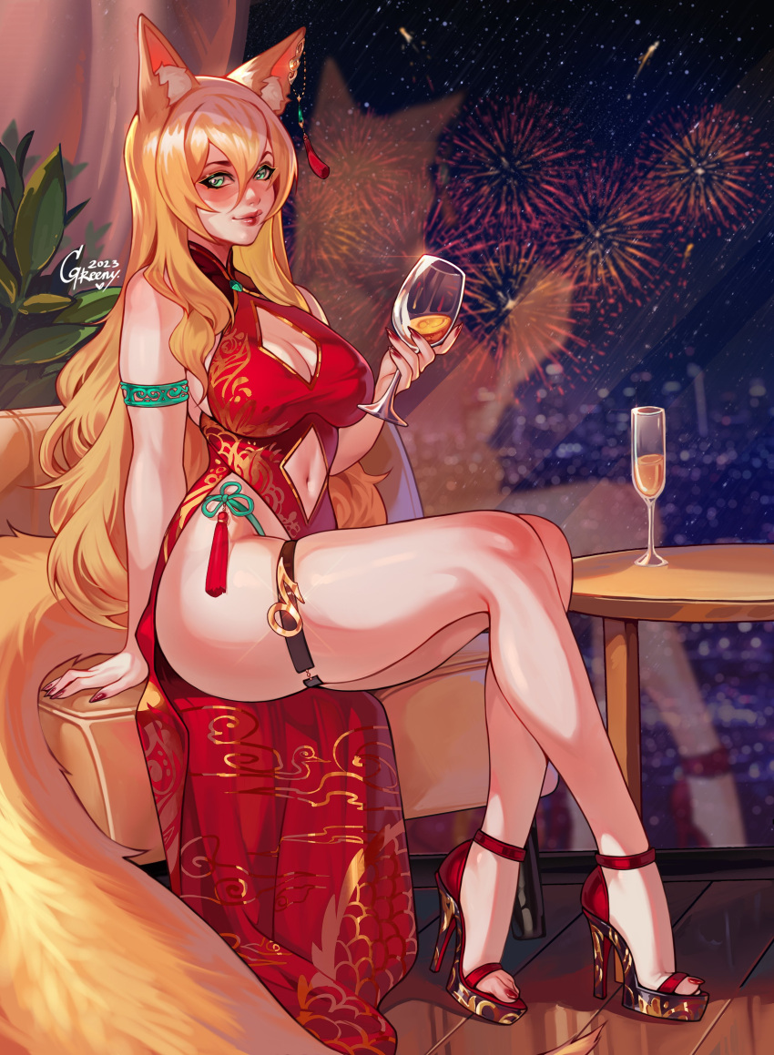 1girl absurdres aerial_fireworks animal_ears armlet blonde_hair breasts cleavage_cutout clothing_cutout cup dress drinking_glass feet fireworks fox_ears fox_tail green_eyes greenu high_heels highres knees_together_feet_apart large_breasts legs lips long_hair looking_at_viewer nail_polish navel navel_cutout night original red_dress sandals sitting sleeveless sleeveless_dress solo strappy_heels tail thigh_strap toenail_polish toenails toes wine_glass