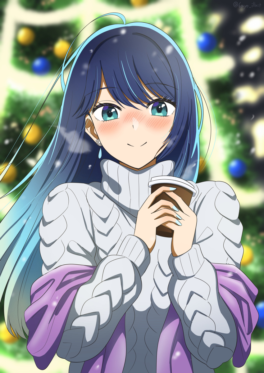 1girl absurdres aqua_eyes blue_eyes blue_hair blurry blurry_background blush breath christmas_tree closed_mouth cold commentary cup disposable_cup earrings fingernails gradient_hair grey_sweater hands_up highres holding holding_cup jewelry kurokawa_akane long_hair long_sleeves looking_at_viewer multicolored_hair nail_polish nose_blush oshi_no_ko ribbed_sweater ryochan96154 smile snowflake_earrings solo sweater turtleneck turtleneck_sweater upper_body white_sweater winter