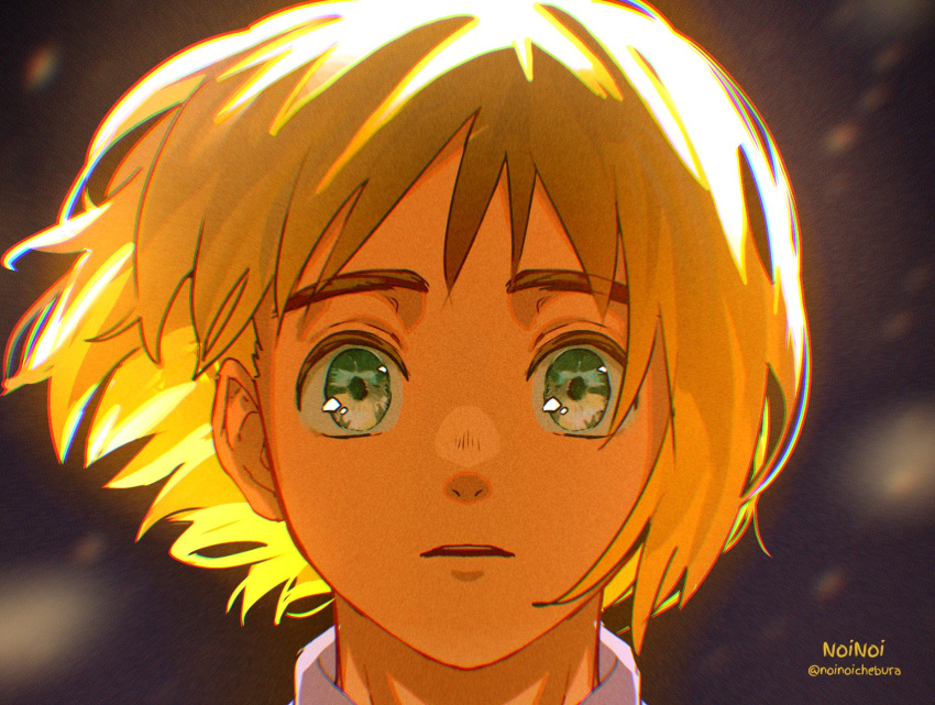 1boy armin_arlert artist_name blonde_hair blue_eyes blurry blurry_background collared_shirt commentary highres looking_at_viewer male_focus noinoichebura parted_lips portrait shingeki_no_kyojin shirt short_hair solo sparkling_eyes twitter_username white_shirt wide-eyed wind