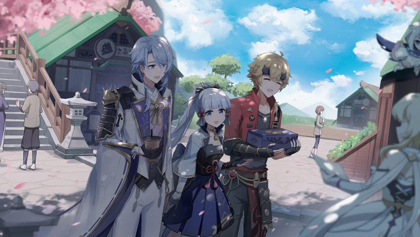3boys 5girls 606_haochuangshangren ^_^ absurdres armor bare_shoulders black_shirt blonde_hair blue_hair blue_skirt blue_sky box breastplate brother_and_sister building cherry_blossoms closed_eyes coat commentary_request day genshin_impact highres holding holding_box jacket kamisato_ayaka kamisato_ayato lumine_(genshin_impact) multiple_boys multiple_girls open_clothes open_coat open_jacket outdoors paimon_(genshin_impact) pants red_jacket shirt siblings skirt sky thoma_(genshin_impact) white_coat white_pants