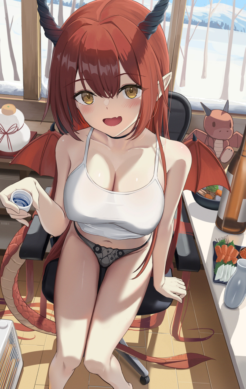 1girl bare_arms bare_legs bare_shoulders black_choker black_panties blush bottle breasts brown_eyes chinese_zodiac choker choko_(cup) closed_mouth collarbone cup dragon_girl dragon_horns dragon_tail dragon_wings feet_out_of_frame heater highres holding holding_cup horns indoors large_breasts long_hair looking_at_viewer may9 open_mouth original panties pointy_ears red_hair scales sitting snow stuffed_animal stuffed_dragon stuffed_toy table tail thigh_gap tokkuri underwear very_long_hair window wings winter year_of_the_dragon