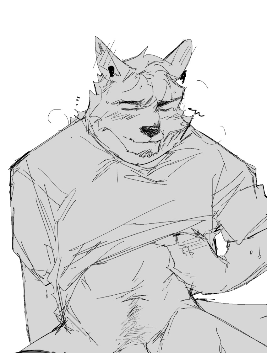 anthro athletic athletic_anthro athletic_male blush blush_lines canid canine canis clothed clothing clothing_lift fishu11 hi_res male mammal monochrome shirt shirt_lift simple_background sketchy solo tired_look topwear white_background wolf