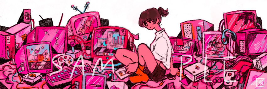 1girl ankle_socks artist_logo black_eyes brown_hair brown_shorts cable closed_mouth computer controller crt full_body game_controller headphones junk keyboard_(computer) loading_screen midriff_peek monitor mouse_(computer) no_sclera original pink_background pink_theme plug red_socks sample_watermark shirt short_hair short_ponytail short_sleeves shorts simple_background sitting socks solo sticky_note television tsurikawa373 watermark white_background white_shirt