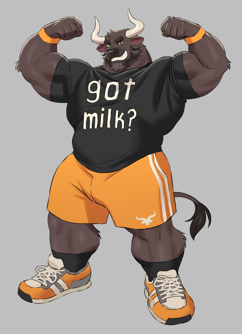 2_horns absurd_res adios angus_(adios) anthro biceps bovid bovine cattle clothing flexing fur hi_res horn male mammal muscular muscular_anthro muscular_male solo tail