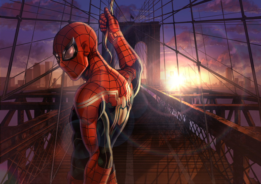 1boy absurdres brooklyn_bridge cloud from_side gloves highres holding lens_flare looking_at_viewer male_focus marvel mask new_york official_art onomae_yuu oosawa_yuusuke red_gloves sky skyline solo spider-man spider-man:_itsuwari_no_aka spider-man_(series) spider_web_print sunrise superhero upper_body