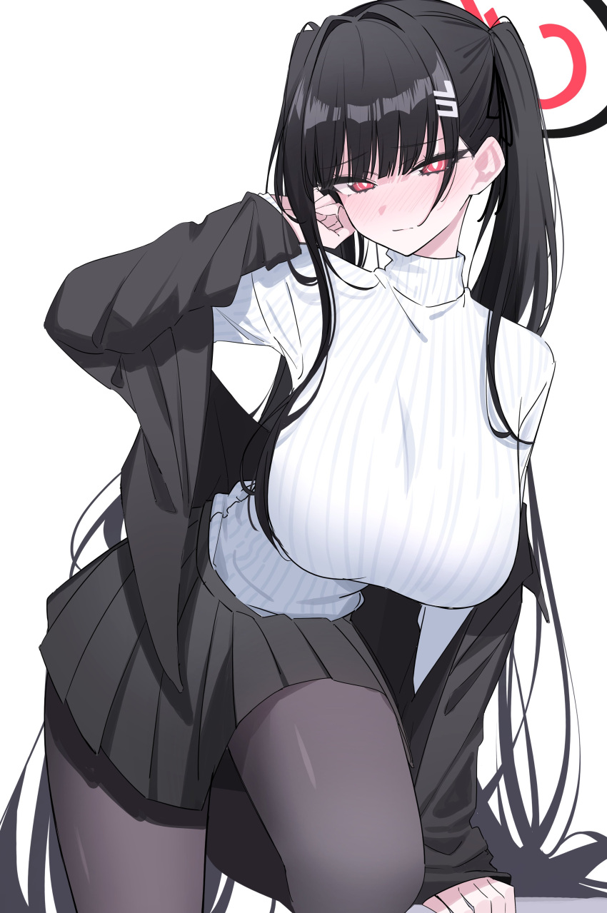 1girl absurdres alternate_hairstyle arm_behind_head black_hair black_halo black_jacket black_pantyhose black_skirt blue_archive breasts closed_mouth commentary_request hair_ornament hairpin halo highres ichiki_1 jacket large_breasts long_hair looking_at_viewer off_shoulder open_clothes open_jacket pantyhose pleated_skirt red_eyes ribbed_sweater rio_(blue_archive) simple_background skirt solo sweater turtleneck turtleneck_sweater twintails white_background white_sweater