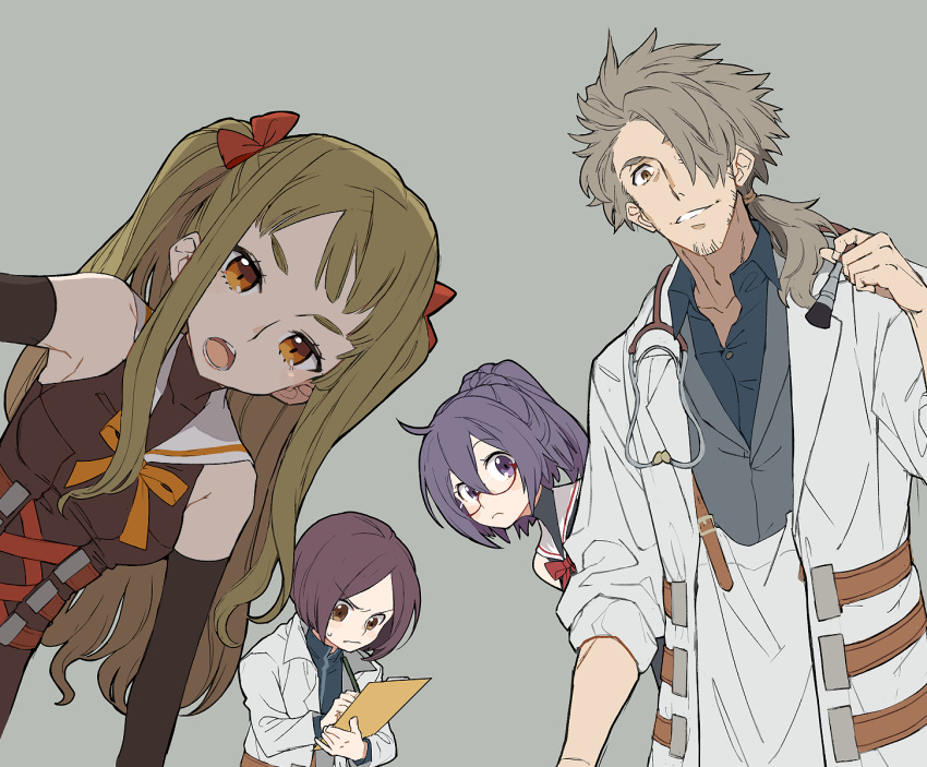 2boys 2girls bob_cut brown_eyes brown_hair collared_shirt doctor glasses goeppe grey_background highres lab_coat looking_at_viewer medic_(sekaiju_4) medic_1_(sekaiju_4) medic_2_(sekaiju_4) medic_3_(sekaiju_4) medic_4_(sekaiju_4) multiple_boys multiple_girls orange_eyes ponytail purple_eyes purple_hair ribbon sailor_collar sekaiju_no_meikyuu sekaiju_no_meikyuu_4 shirt spiked_hair stethoscope two_side_up