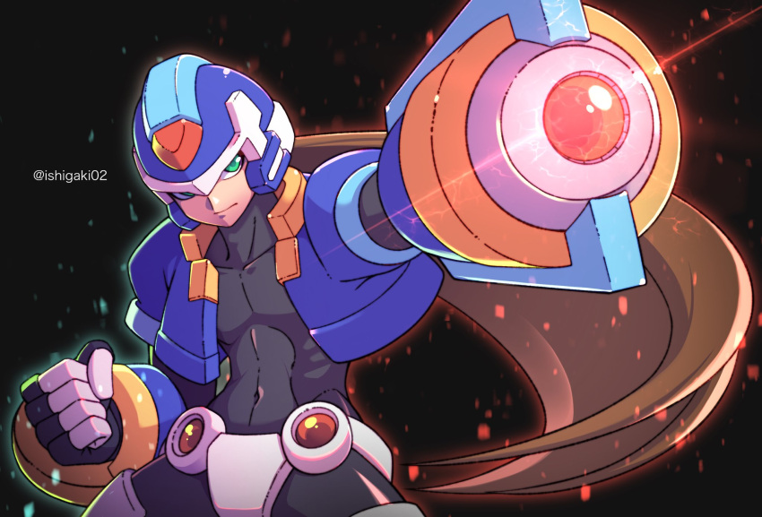 abs arm_cannon armor artist_name black_bodysuit bodysuit brown_hair covered_navel cropped_jacket crotch_plate green_eyes highres ishigaki_(sora_roxas) long_hair mega_man_(series) mega_man_zx mega_man_zx_advent model_x_(mega_man) pointing_weapon power_armor twitter_username vent_(mega_man) weapon