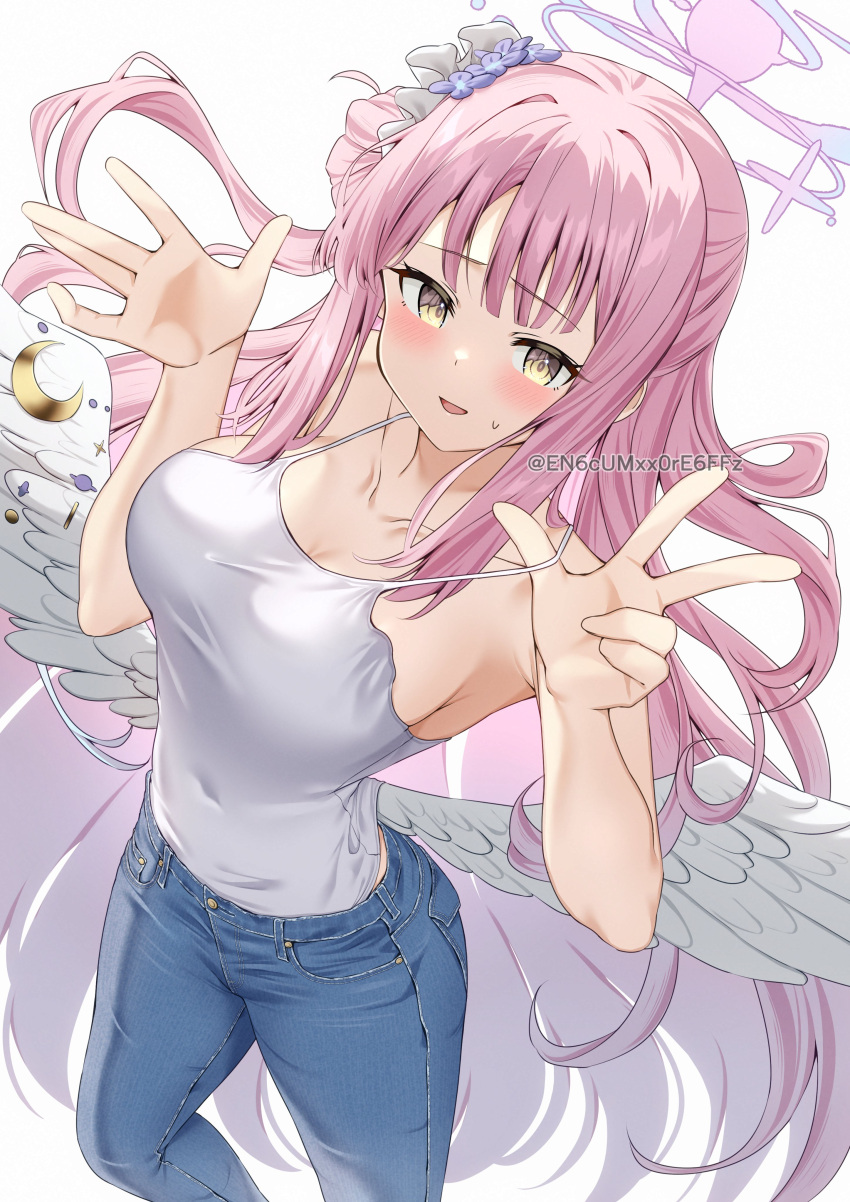 1girl absurdres angel_wings blue_archive blue_pants blush breasts covered_navel crescent denim feathered_wings flower hair_bun hair_flower hair_ornament hair_ribbon halo highres jeans large_breasts long_hair looking_at_viewer low_wings mika_(blue_archive) open_mouth pants pink_hair pink_halo pulled_by_self purple_flower ribbon salute simple_background single_side_bun smile solo strap_pull sweatdrop tank_top thighs white_background white_ribbon white_tank_top white_wings wings yamano_rokamizu