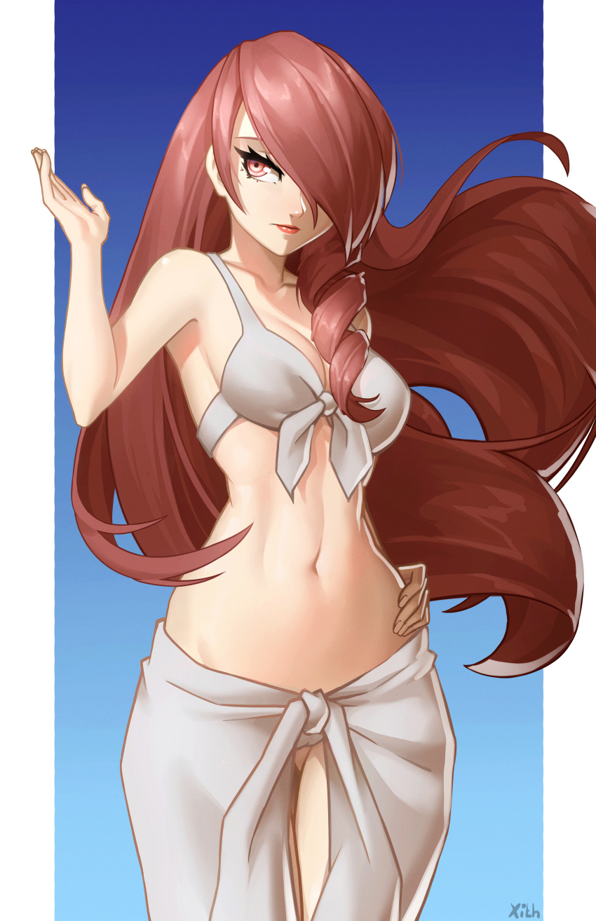 1girl absurdres alternate_costume artist_name ass_visible_through_thighs blue_background breasts collarbone commentary drill_hair eyelashes gradient_background hair_over_one_eye highres kirijou_mitsuru long_hair medium_breasts navel persona persona_3 pillarboxed red_eyes red_hair red_lips simple_background solo standing twitter_username x_xith_x