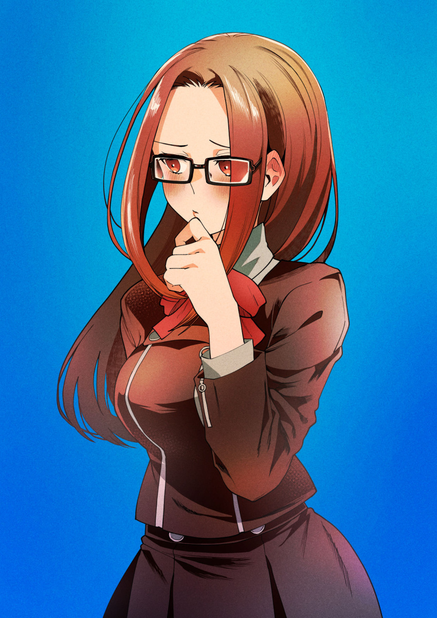 1girl black-framed_eyewear blue_background blush breasts brown_hair closed_mouth commentary embarrassed fushimi_chihiro gekkoukan_high_school_uniform glasses gradient_background highres kyougetsu_(junrai) long_hair long_sleeves medium_breasts persona persona_3 persona_3_reload red_eyes ribbon school_uniform simple_background solo