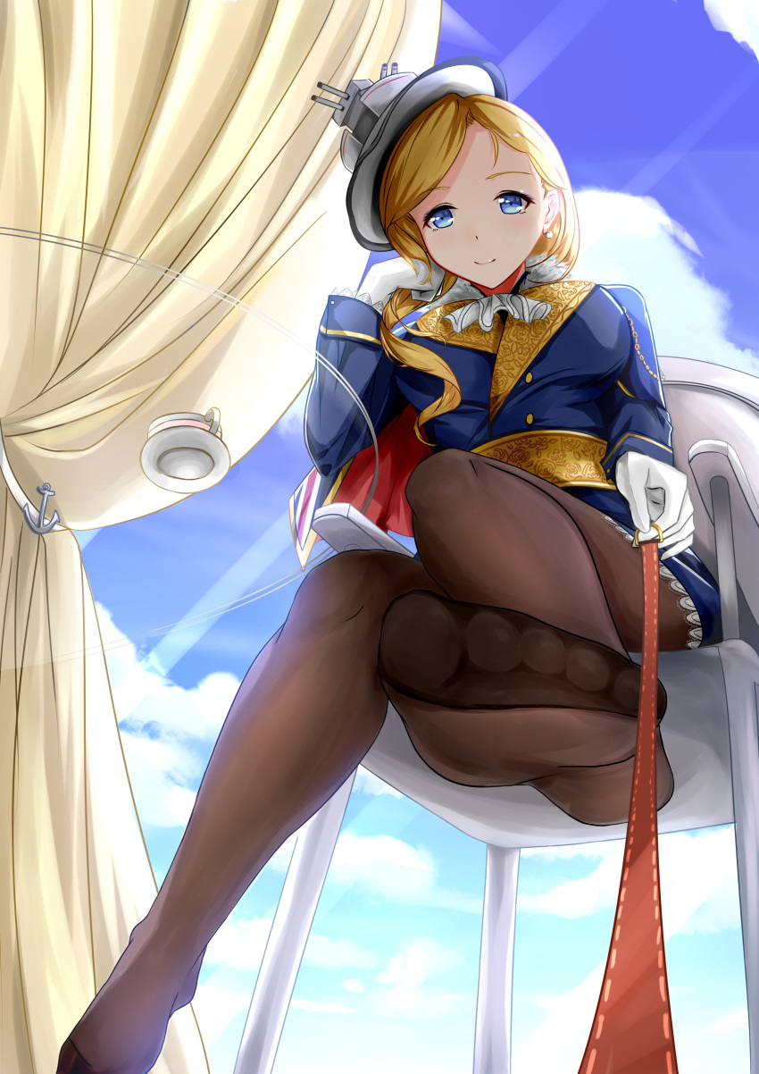 1girl absurdres ascot azur_lane black_pantyhose blonde_hair blue_eyes blue_sky breasts capelet chair closed_mouth cloud cup curtains day dress earrings from_below gloves hair_over_shoulder hat head_rest highres holding holding_leash hood_(azur_lane) jewelry leash long_hair looking_at_viewer medium_breasts no_shoes pantyhose pov rigging saucer sitting sky smile solo union_jack viewer_on_leash whatwine white_ascot white_gloves