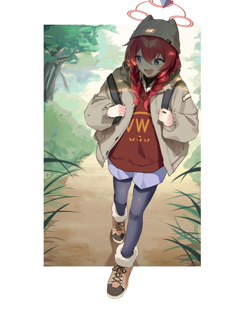 1girl absurdres beanie black_pantyhose blue_archive blue_eyes blush boots braid brown_footwear brown_headwear brown_jacket brown_shirt full_body fur-trimmed_boots fur_trim hair_between_eyes halo hat highres jacket long_hair long_sleeves maki_(blue_archive) maki_(camp)_(blue_archive) nonoa official_alternate_costume official_alternate_hairstyle open_clothes open_jacket open_mouth pantyhose purple_shorts red_hair red_halo shirt shorts smile solo tree twin_braids walking