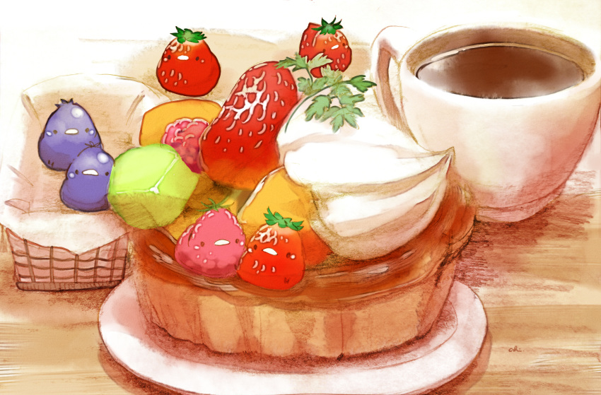 bird chai_(drawingchisanne) chick commentary_request cup food food_focus fruit fruit_tart highres in_basket lime_(fruit) lime_slice no_humans original oversized_object plate strawberry table tart_(food) tea teacup wooden_table