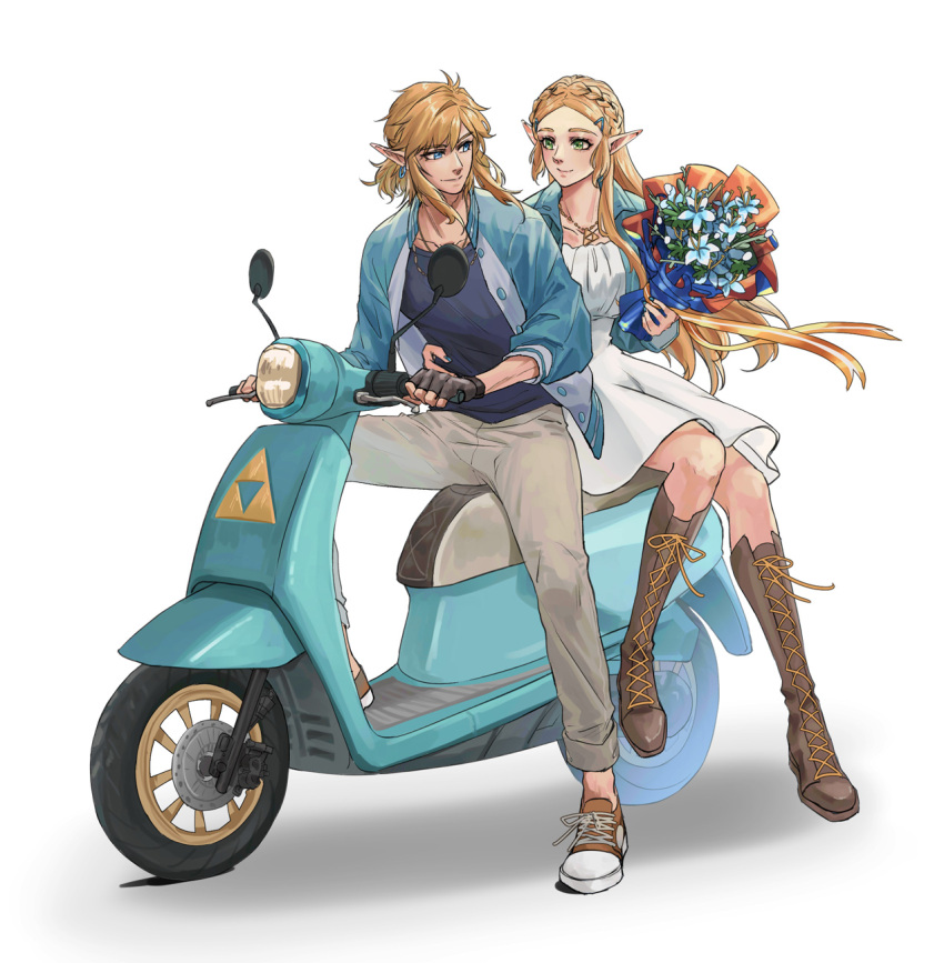 1boy 1girl aqua_jacket black_footwear black_gloves blonde_hair blue_eyes boots bouquet braid brown_footwear crown_braid dress earrings fingerless_gloves full_body gloves gold_necklace green_eyes grey_pants hair_between_eyes highres holding holding_bouquet jacket jewelry kurokawa_karasu link long_hair looking_at_another low_ponytail motor_vehicle necklace pants parted_bangs pointy_ears princess_zelda scooter shoes sidelocks silent_princess smile sneakers the_legend_of_zelda the_legend_of_zelda:_breath_of_the_wild triforce vespa white_background white_dress