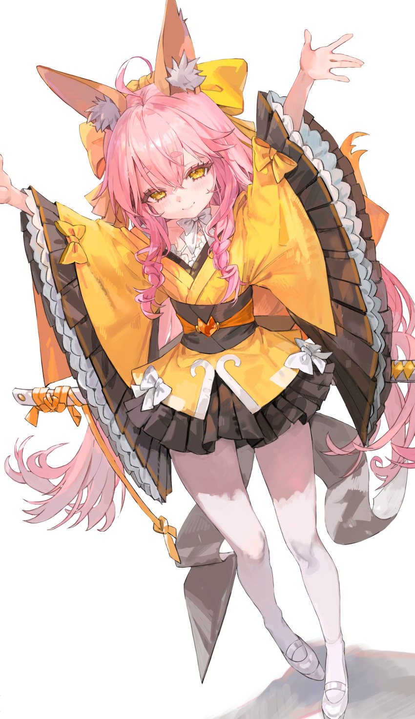 1girl absurdres animal_ear_fluff animal_ears arms_up black_sash blush closed_mouth dutch_angle fate/samurai_remnant fate_(series) fox_ears fox_girl fox_tail freng hands_up highres japanese_clothes kimono long_hair looking_at_viewer pantyhose pink_hair sash sidelocks smile solo tail tamamo_(fate) tamamo_aria_(fate) very_long_hair white_footwear white_pantyhose yellow_eyes yellow_kimono