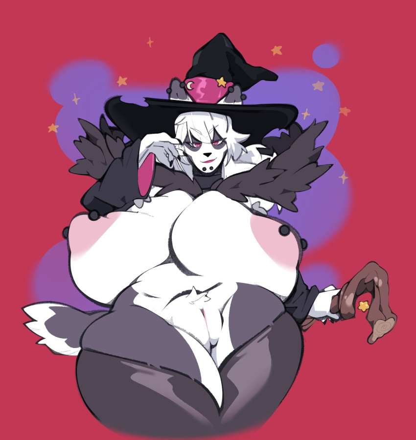 anthro big_breasts breasts cane clothing ear_piercing female fur genitals hat headgear headwear hi_res huge_breasts hurbles multicolored_body multicolored_fur nipple_piercing nipples piercing pussy solo tail thick_thighs wide_hips witch_hat