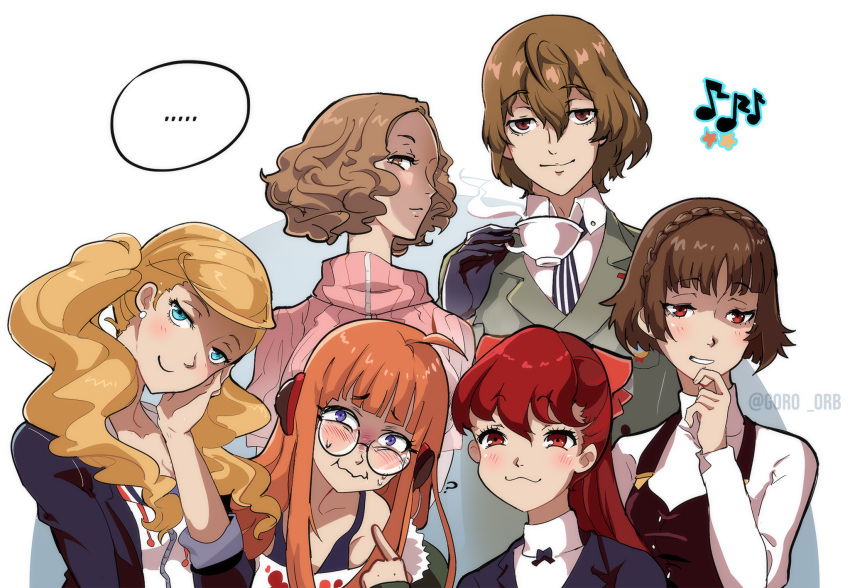 ... 1boy 5girls :3 ahoge akechi_gorou behind-the-head_headphones blonde_hair blue_eyes blunt_bangs blush brown_eyes brown_hair cup curly_hair earrings glasses goro_orb hair_between_eyes half-closed_eyes headphones highres jewelry long_hair looking_at_viewer low_twintails multiple_girls musical_note niijima_makoto okumura_haru orange_hair persona persona_5 persona_5_the_royal ponytail purple_eyes red_eyes red_hair round_eyewear sakura_futaba school_uniform short_hair shuujin_academy_school_uniform smile smug spoken_ellipsis sweat takamaki_anne teacup twintails twitter_username upper_body white_background yoshizawa_kasumi