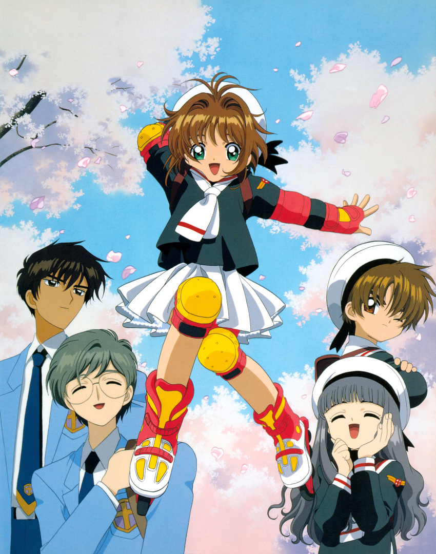 2girls 3boys absurdres brother_and_sister brown_hair cardcaptor_sakura daidouji_tomoyo fingerless_gloves glasses gloves green_eyes highres kinomoto_sakura kinomoto_touya li_syaoran multiple_boys multiple_girls official_art open_mouth school_uniform siblings skirt tomoeda_elementary_school_uniform tsukishiro_yukito white_skirt