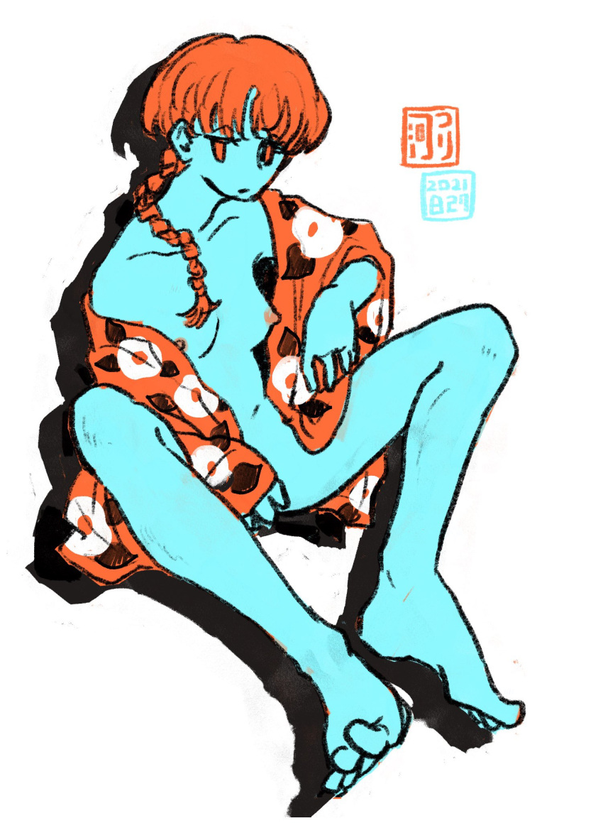 1girl 2021 blue_skin braid braided_ponytail breasts closed_mouth colored_skin dated floral_print full_body highres jacket limited_palette logo long_hair long_sleeves looking_at_viewer naked_jacket nipples no_sclera orange_eyes orange_hair orange_jacket original simple_background sitting small_breasts solo tsurikawa373 white_background