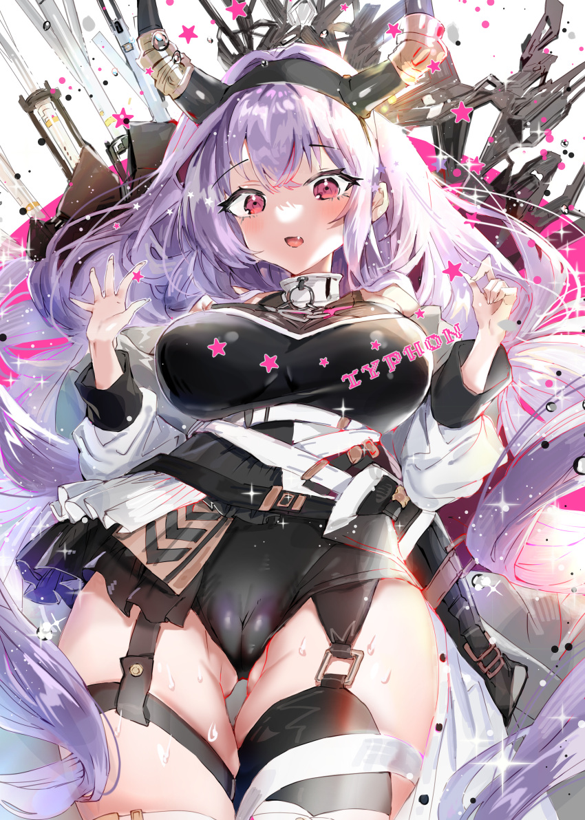 1girl :d absurdres arknights ass_visible_through_thighs black_leotard black_skirt black_thighhighs blush breasts cameltoe character_name fang garter_straps hair_between_eyes highleg highleg_leotard highres jacket large_breasts legs_together leotard long_sleeves looking_at_viewer miniskirt o-ring open_clothes open_hand open_jacket open_mouth pink_eyes pleated_skirt purple_hair raised_eyebrows sidelocks silver_choker single_thighhigh skin_tight skirt smile solo star_(symbol) tekona0 thick_thighs thigh_gap thighhighs thighs typhon_(arknights) white_jacket wide-eyed