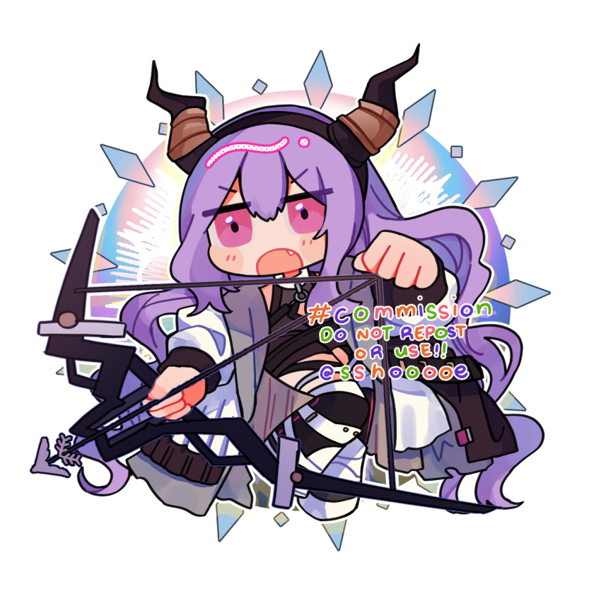 1girl :o arknights arrow_(projectile) black_leotard black_socks blush_stickers boots bow_(weapon) chibi commission diamond_(shape) drawing_bow fake_horns fang hair_between_eyes highres holding holding_bow_(weapon) holding_weapon horn_hairband horns jacket jitome kneehighs leotard long_hair long_sleeves looking_ahead low_twintails open_clothes open_jacket open_mouth pink_eyes purple_hair simple_background socks solo sshooooe tumblr_username twintails typhon_(arknights) v-shaped_eyebrows very_long_hair watermark weapon white_background white_footwear white_jacket