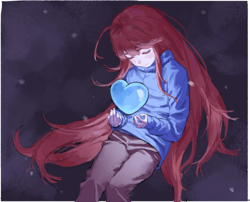 1girl ahoge blue_heart blue_jacket celeste_(video_game) chinese_commentary closed_eyes commentary_request highres jacket long_hair madeline_(celeste) red_hair sleeves_past_wrists solipsist solo very_long_hair