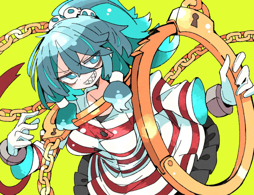 1girl aqua_eyes aqua_hair breasts cuffs dress gloves hair_ornament highres long_hair looking_at_viewer massakasama miyadeguchi_mizuchi ponytail sharp_teeth shirt sidelocks simple_background skirt skull_hair_ornament solo striped_clothes striped_shirt striped_skirt teeth touhou white_gloves yellow_background