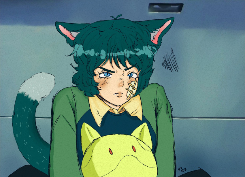 1boy animal_ears annoyed bandage_on_face bandages blue_eyes blue_hair cat_boy cat_ears cat_tail derivative_work frauzweii green_jacket gundam haro highres jacket kamille_bidan scene_reference screencap_redraw sketch solo tail zeta_gundam